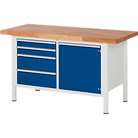Werkbank serie 8470, 4 schuiflades, 1 legbord met deur, B 1250 x D 700 x H 840-1040 mm