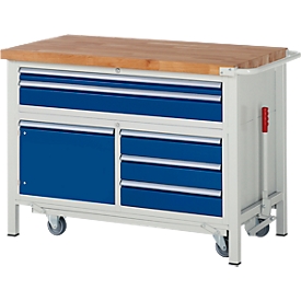 Werkbank serie 8922, neerlaatbaar, 5 schuifladen, 1 legbord met deur, B 1250 x D 700 x H 880 mm