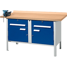 Werkbank Set PW 150-0, B 1500 mm, 2 Schübe, 2 Schränke, Zentralverschl., mit Schraubstock, lichtgrau/enzianblau 