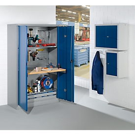 Werkstattschrank mit Falttüren, B 1200 x T 500 x H 1935 mm, alusilber/enzianblau