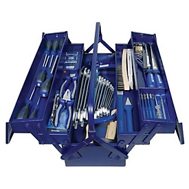 Werkzeugkasten, inkl. Werkzeugsortiment, 60-tlg., B 530 x T 200 x H 200 mm, Stahlblech, blau