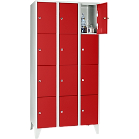 Wertfachschrank 300 mm, 3 Abteile, 12 Fächer, Sicherheitszylinderschloss, Fuss, feuerrot