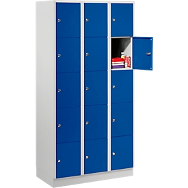 Wertfachschrank 300 mm, 3 Abteile, 15 Fächer, Sicherheitszylinderschloss, Sockel, enzianblau