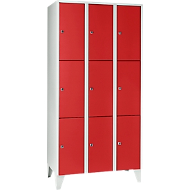 Wertfachschrank 300 mm, 3 Abteile, 9 Fächer, Sicherheitszylinderschloss, Fuß, feuerrot