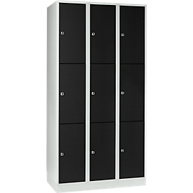 Wertfachschrank 300 mm, 3 Abteile, 9 Fächer, Sicherheitszylinderschloss, Sockel, tiefschwarz