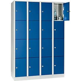 Wertfachschrank 300 mm, 4 Abteile, 16 Fächer, Sicherheitszylinderschloss, Sockel, enzianblau