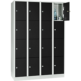 Wertfachschrank 300 mm, 4 Abteile, 16 Fächer, Sicherheitszylinderschloss, Sockel, tiefschwarz