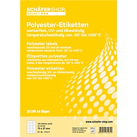 Wetterfeste Etiketten, 70 x 37 mm, Polyester weiß, 20 Blatt