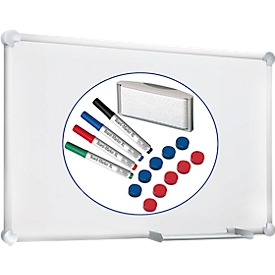 Whiteboard 2000 MAULpro, weiss kunststoffbeschichtet, magnethaftend, Rahmen silber, B 1200 x H 900 mm + 15-teiliges Zubehör-Set