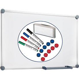 Whiteboard 2000 MAULpro, weiss kunststoffbeschichtet, magnethaftend, Rahmen silber, B 900 x H 600 mm + 15-teiliges Zubehör-Set