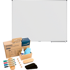 Whiteboard Legamaster UNITE, magnetic, marker tray, W 1200 x D 12,6 x H 900 mm, lacquered steel, white, incl. whiteboard accessories set WOODEN, 17 pcs.