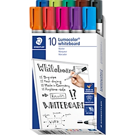 Whiteboardmarker Staedtler Lumocolor® 351, Rundspitze mit 2 mm, schnell trocknend & trocken abwischbar, mit Clip, farbsortiert, 10 Stück