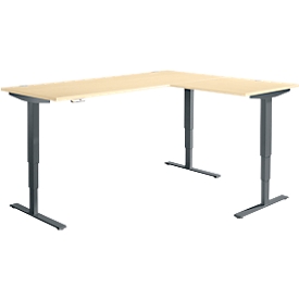 Winkelschreibtisch AERO FLEX, elektrisch höhenverstellbar, 90° Winkel, T-Fuss, B 2000 x T 1600 mm, Ahorn/anthrazit + Memorypanel
