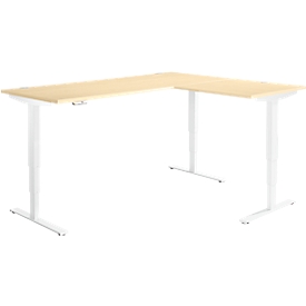 Winkelschreibtisch AERO FLEX, elektrisch höhenverstellbar, 90° Winkel, T-Fuss, B 2000 x T 1600 mm, Ahorn/weiss + Memorypanel