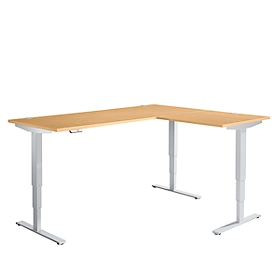 Winkelschreibtisch AERO FLEX, elektrisch höhenverstellbar, 90° Winkel, T-Fuß, B 2000 x T 1600 mm, Buche/weißalu + Memorypanel