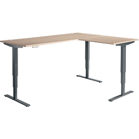 Winkelschreibtisch AERO FLEX, elektrisch höhenverstellbar, 90° Winkel, T-Fuss, B 2000 x T 1600 mm, Eiche/anthrazit + Memorypanel