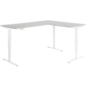 Winkelschreibtisch AERO FLEX, elektrisch höhenverstellbar, 90° Winkel, T-Fuss, B 2000 x T 1600 mm, lichtgrau/weiss + Memorypanel