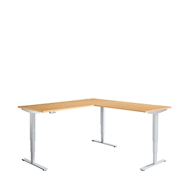 Winkelschreibtisch AERO FLEX, elektrisch höhenverstellbar, 90° Winkel, T-Fuss, B 2000 x T 2000 mm, Buche/weissalu + Memorypanel