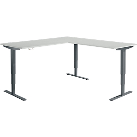 Winkelschreibtisch AERO FLEX, elektrisch höhenverstellbar, 90° Winkel, T-Fuß, B 2000 x T 2000 mm, lichtgrau/anthrazit + Memorypanel