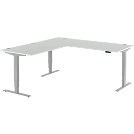 Winkelschreibtisch AERO FLEX, elektrisch höhenverstellbar, 90° Winkel, T-Fuß, B 2000 x T 2000 mm, lichtgrau/weißalu + Memorypanel
