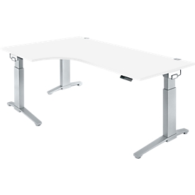 Winkelschreibtisch PLANOVA ERGOSTYLE, elektr. höhenverstellbar, 90° Winkel links, B 2000 x H 715-1182 mm, weiß/weißalu + Memory Master