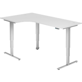 Winkelschreibtisch ULM, elektrisch höhenverstellbar, 90° Winkel links, T-Fuß, B 2000 x T 1200 x H 625-1275 mm, weiß/weißalu + Memoryschalter