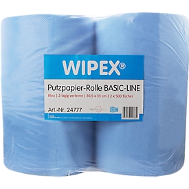 WIPEX Basic-Line Papier d'entretien, 2 couches, perforé, haut pouvoir absorbant, 100 % cellulose, bleu, 2 rouleaux de 500 chiffons chacun