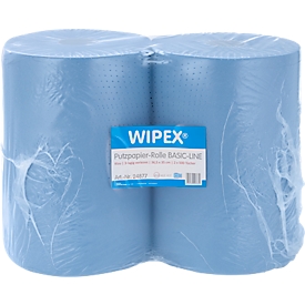 WIPEX Basic-Line Putzpapier, 3-lagig, perforiert, hohe Saugfähigkeit, 100 % Zellstoff, blau, 2 Rollen mit jeweils 500 Tüchern