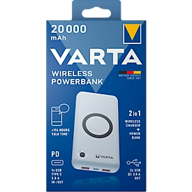 Wireless Powerbank Varta, 20000 mAh, 1x USB-C (In & Out), 2x USB-A (Out), Laden mit o. ohne Kabel, B 79 x T 24 x H 160 mm, weiß