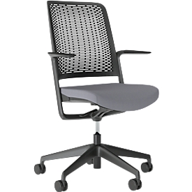 WithMe bureaustoel, met armleuningen, auto-synchroon mechanisme, vlakke zitting, geperforeerde kunststof rugleuning, afneembare bekleding, zwart/grijs