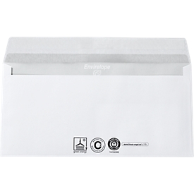 Witte enveloppen, 110 x 220 mm (DL), 80 g/m², met lijmsluiting, gerecycled papier, zonder venster, 1000 stuks