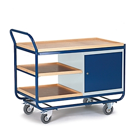 Work trolley with 3 levels and steel cabinet, with clamping device