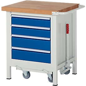 Workbench series 8162, height adjustable, mobile, 4 drawers, W 750 x D 700 x H 880 mm