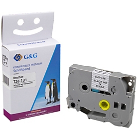 Writing tape G&G, compatible with Brother TZe-131, black on transparent, self-adhesive, plastic, L 8 m x W 12 mm, 1 piece
