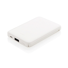 XD Collection Pocket-Powerbank, mit 3 TPE-Kabeln, 5.000 mAh, ABS-Kunststoff, weiß + Werbedruck