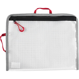 Zipper bag FolderSys Bungee-Bag, A5, 0,20 mm, cord/bordierband/loops, W 254 x H 200 mm, PVC-free film, transparent-red-grey-black