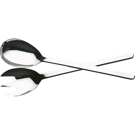 Zwei Salatbesteckteile aus poliertem Edelstahl, überkreuzt.