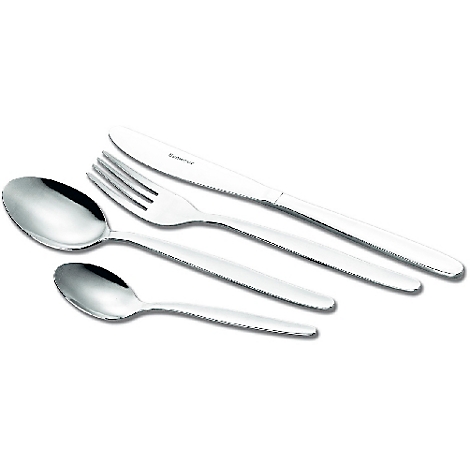 Edelstahl Besteckset: Löffel, kleiner Löffel, Gabel und Messer, auf weißem Hintergrund.