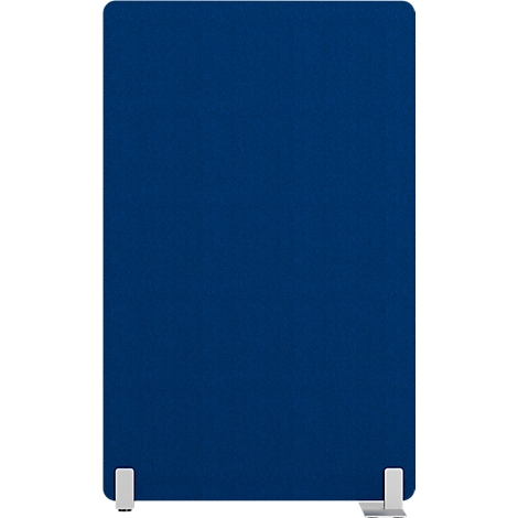 Blauw bureauscherm met witte voetjes. Rechthoekig en minimalistisch.