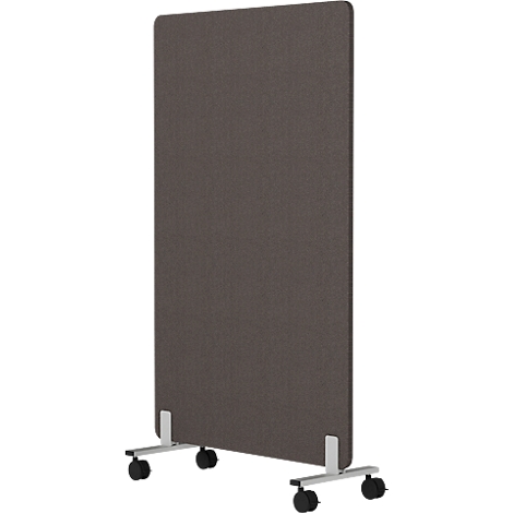 Grijze rechthoekige scheidingswand op wielen. De wand staat op een zilverkleurig frame met vier zwarte wielen.
