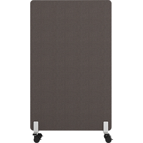 Grijze, rechthoekige scheidingswand op wielen. Onder de wand zitten twee witte beugels, elk met twee zwarte wielen.