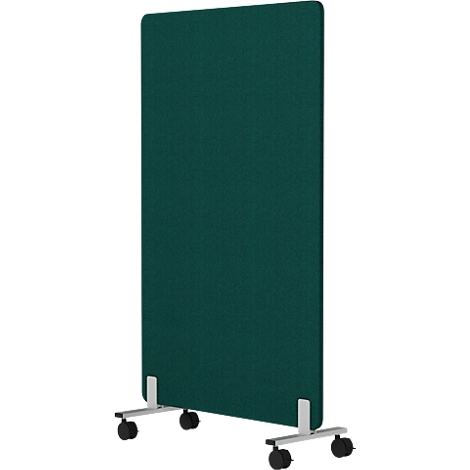 Groene rechthoekige geluiddichte wand op wielen. Hoekige metalen voeten en zwarte wielen.