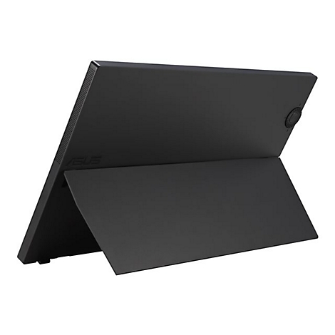 Schwarzer Monitor von ASUS, mit einer integrierten Standfunktion. Der Monitor ist geneigt und steht auf einer OberflÃ¤che.