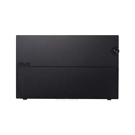 Schwarzes ASUS-Produkt. OberflÃ¤che geteilt, mit ASUS-Logo und Knopf.