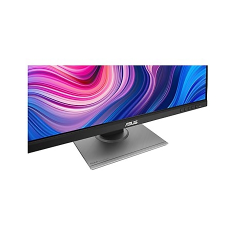 Nahaufnahme eines Asus Monitors mit farbenfrohem Bildschirmhintergrund und grauen StandfuÃŸ.