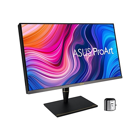 Ein Computerbildschirm mit dem ASUS ProArt Logo. Der Bildschirm hat einen schwarzen Rahmen, einen schwarzen FuÃŸ und zeigt ein abstraktes, farbenfrohes Hintergrundbild.