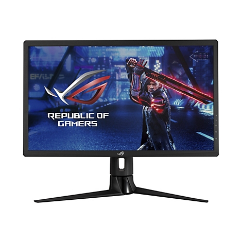 Ein schwarzer Gaming-Monitor mit blauem Hintergrund, auf dem ein Mann mit rotem Lichtschwert vor einer Stadtansicht abgebildet ist. Der Monitor hat den Schriftzug "Republic of Gamers".