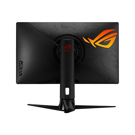 Schwarzer Monitor mit ROG-Logo auf der Rückseite. Text: REPUBLIC OF GAMERS und Kabelmanagement.