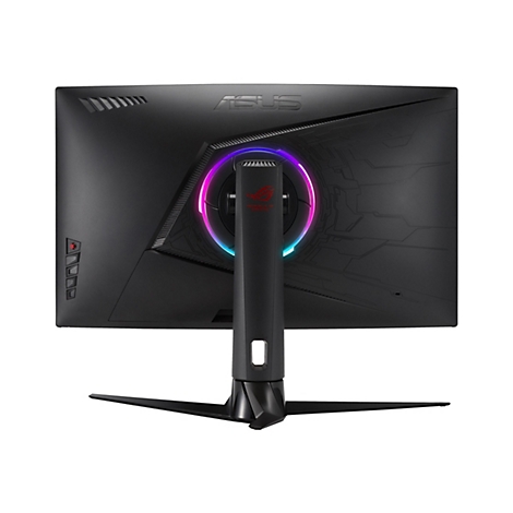Rückansicht eines schwarzen ASUS ROG Gaming-Monitors mit Asus-Logo. Beleuchtung, Standfuß und Anschlussblende.
