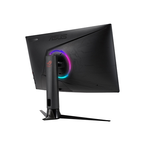 Schwarzer Gaming Monitor von hinten. Aufschrift ASUS und ROG. Ein RGB-Ring leuchtet.
